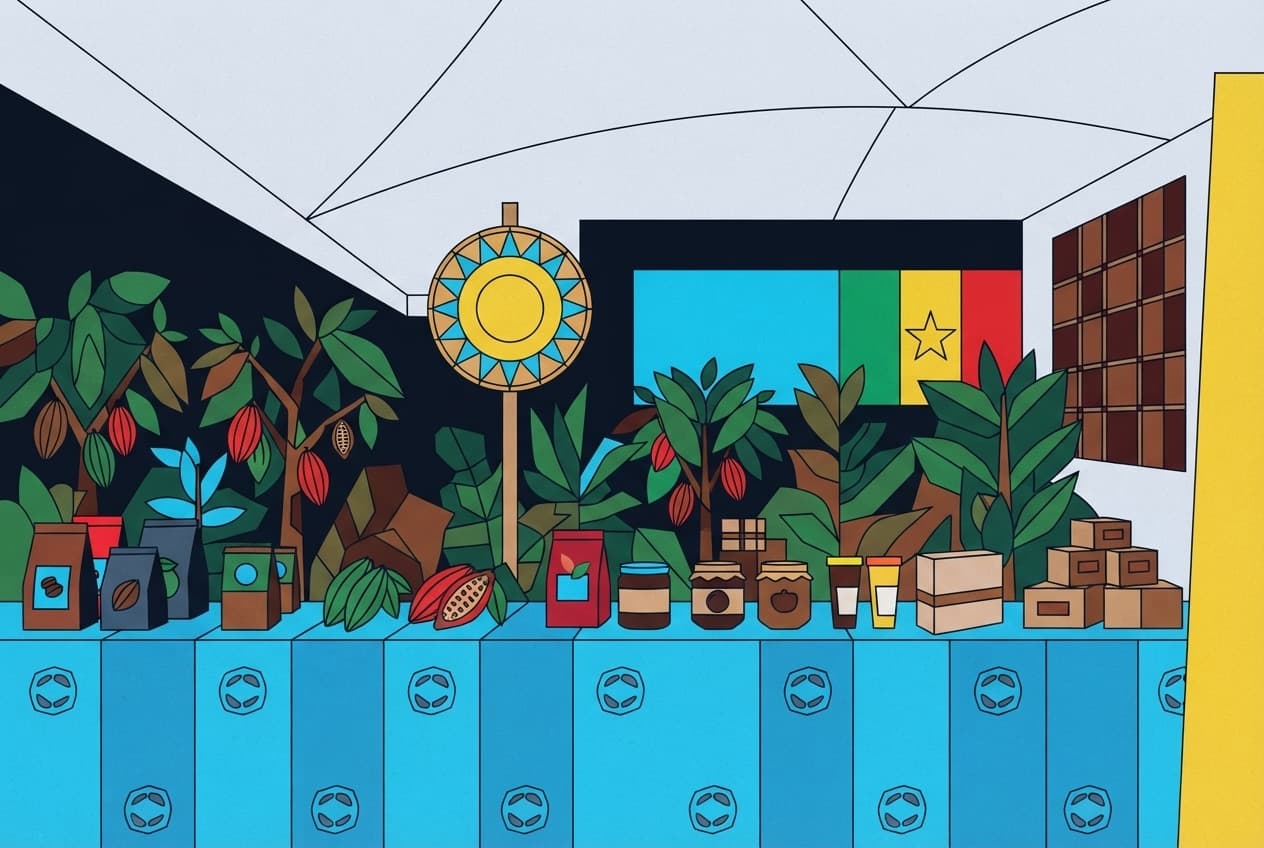 Illustration plate : cabosse de cacao, grain de café, feuillage luxuriant, sol fertile