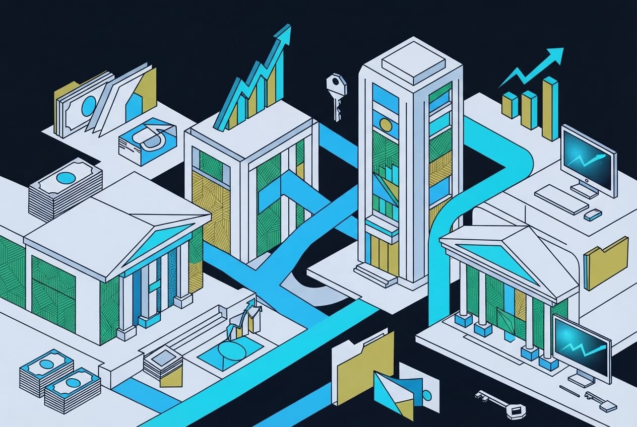 Illustration plate : Bâtiment de banque, Billets de banque, Graphique de croissance, Ordinateur, Dossier financier, Clé