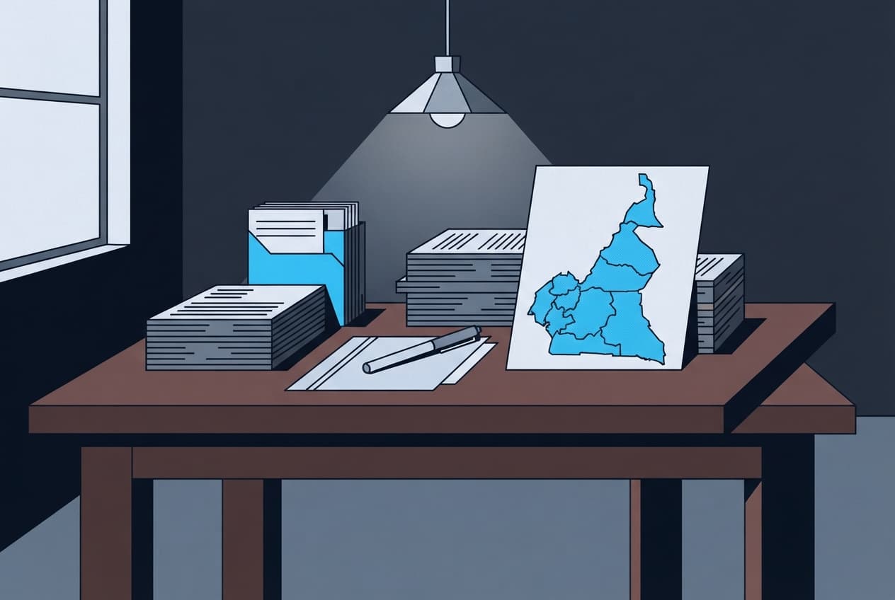 Illustration plate : Documents, Dossiers, Stylo, Table, Carte du Cameroun