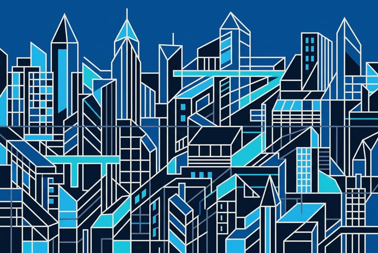 Flat illustration of a chaotic cityscape. Varied buildings, some appearing unfinished or dilapidated. Broken roads, exposed pipes, and tangled power lines are prominent. Vehicles are depicted in a jumbled arrangement, with overgrown vegetation encroaching on structures.