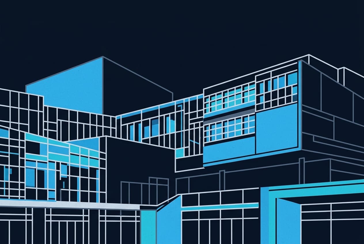 Flat illustration of an outline map of Cameroun, a modern bank building, and abstract symbols representing partnership and development.