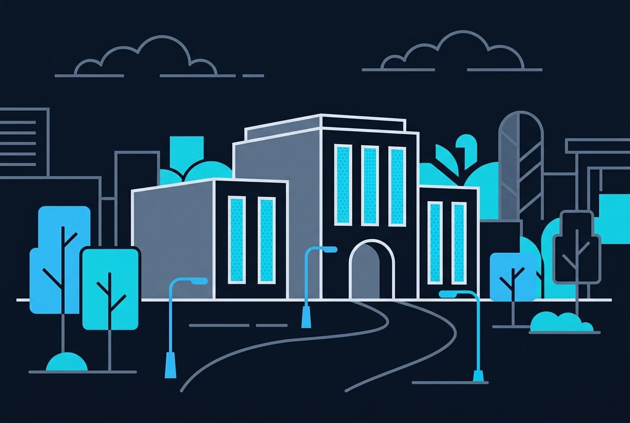 Flat illustration of a municipal building within an urban landscape.
