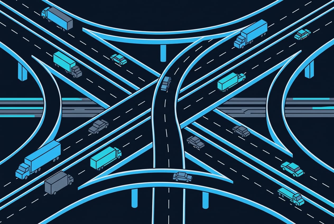 Flat illustration of a multi-lane highway under construction, with an interchange.