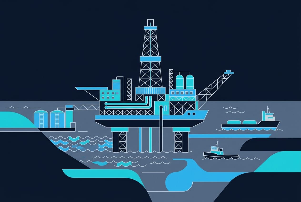 Plateau d'exploration pétrolière, plate-forme offshore, navire sismique, navire de forage, pipeline