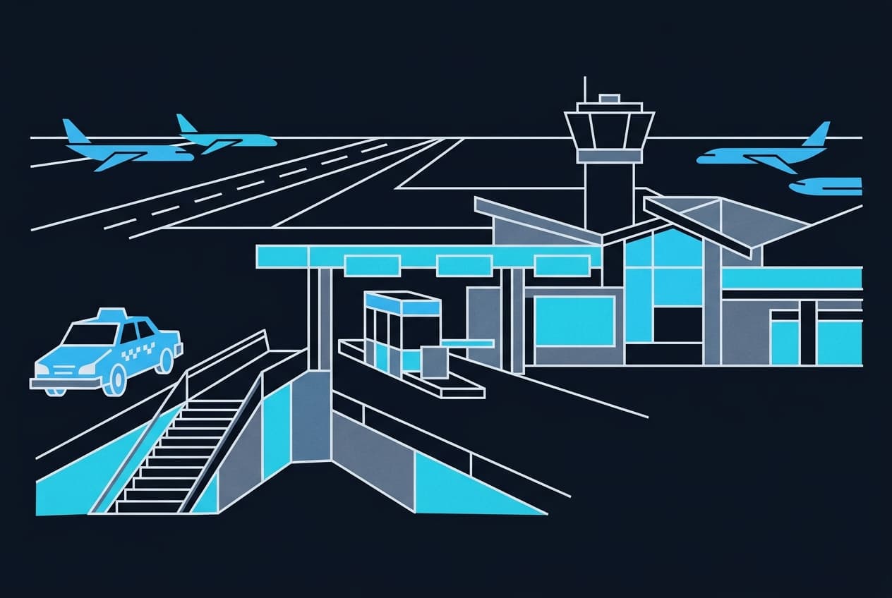 Assiette d'illustration : aéroport, taxi, plateforme, péage