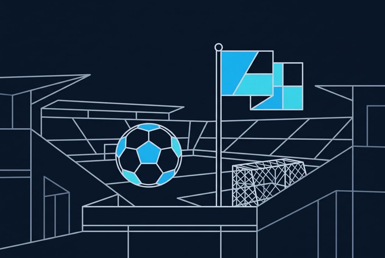 Stade, ballon, filet, drapeau